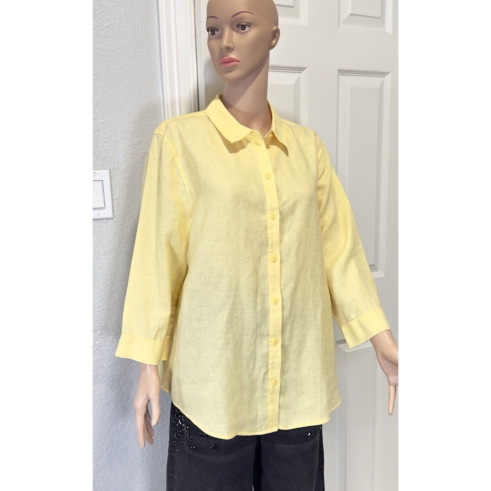 Chico’s Effortless Linen Sina 3/4 Sleeve Shirt Women Sz 3 XL Yellow No Iron NWT